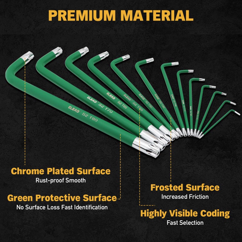 ELEAD Jumbo Torx Key Wrench Set | 13-Piece Durable S2 Star Keys | L-Shaped Long Arm Design | Sizes T10 to T80 | Automotive | Mechanic | Furniture | Professional Grade Tools - Image 4
